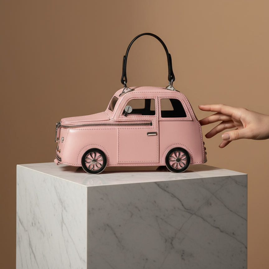 Pink car-shaped handbag on a marble pedestal with a brown background