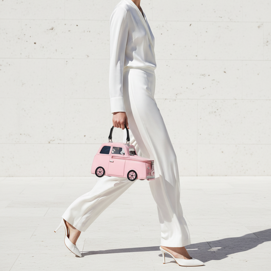 Woman in a white outfit holding a pink handbag against a white background