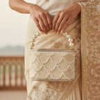 Pearl-handled clutch held by a person wearing a saree with intricate patterns.