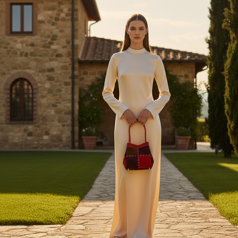 Woman in a long, light-colored dress holding a red handbag on a stone path with a stone building and greenery in the background.