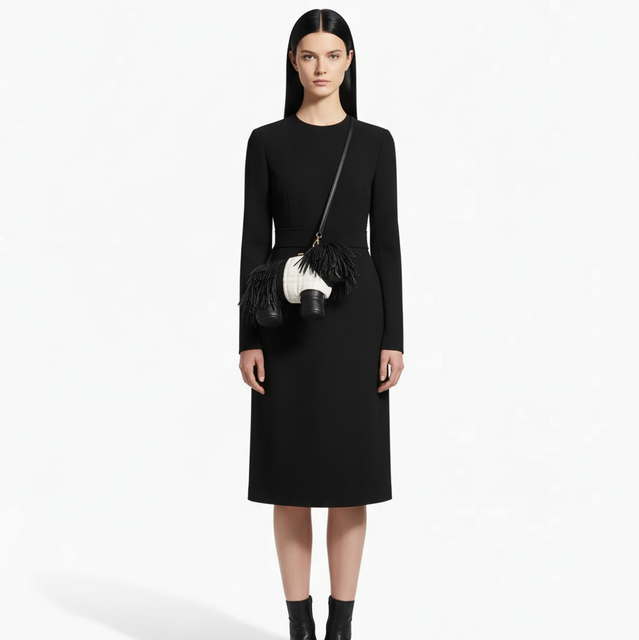 Woman wearing a black dress with a black and white handbag on a white background