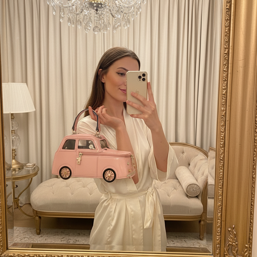 Woman taking a mirror selfie in a luxurious room with a chandelier and pink car-shaped bag.