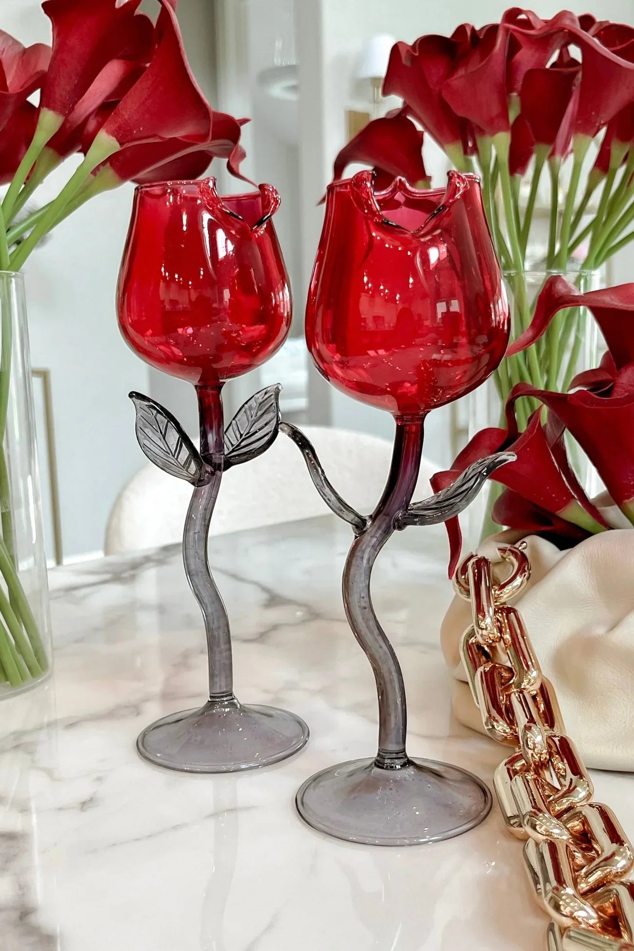 Rose For Rosé Glass Cup in Red Set of 4- Handcrafted